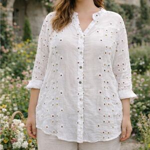 Hope Springs White Embroidered Boho Tunic Button Up Blouse XL Gauzy Floral Top